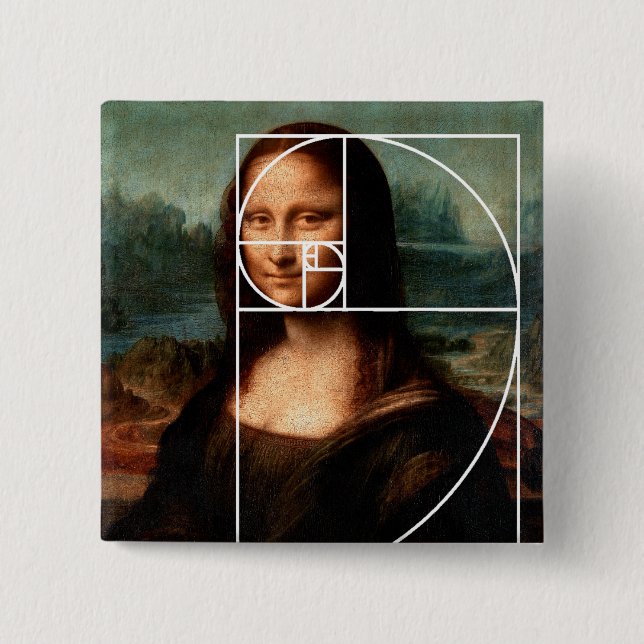 Bóton Quadrado 5.08cm Sequência Fibonacci Leonardo da Vinci Mona Lisa (Frente)