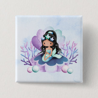 Bóton Quadrado 5.08cm Sereia Mágica | Aniversário Aquarela