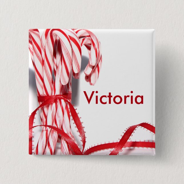 Bóton Quadrado 5.08cm Seu nome Candy Cane Button (Frente)