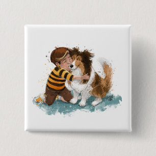 Bóton Quadrado 5.08cm Sheltie e cachorro abraçam menino