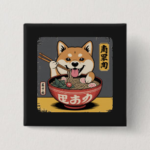 Bóton Quadrado 5.08cm Shiba Inu Cachorro Comendo Ramen