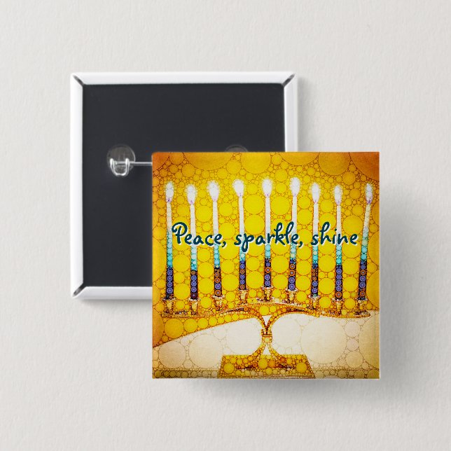 Bóton Quadrado 5.08cm Shine Amarelo Dourado Hanukkah Menorah Peace Spark (Frente & Verso)