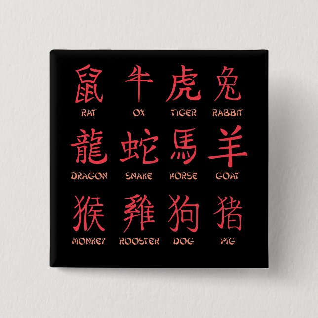 Bóton Quadrado 5.08cm Signo do Zodíaco Chinês (Frente)