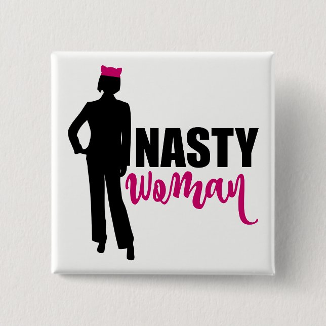 Bóton Quadrado 5.08cm Silhueta de mulher desagradável e chapéu de gato r (Frente)