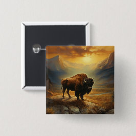 Bóton Quadrado 5.08cm Silhueta do Búfalo Bison ao Pôr do Sol