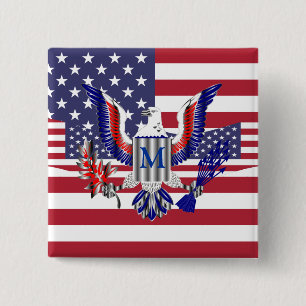Bóton Quadrado 5.08cm Símbolo de águia americana e bandeira