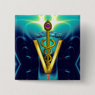 Bóton Quadrado 5.08cm SÍMBOLO VETERINÁRIO do CADUCEUS DOURADO/turquesa