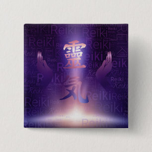 Bóton Quadrado 5.08cm Símbolos de Reiki e mãos curas na luz roxa