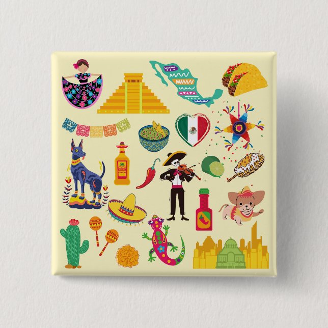 Bóton Quadrado 5.08cm Símbolos do México (Frente)