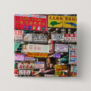 Bóton Quadrado 5.08cm Sinais de neon nas ruas de Hong Kong