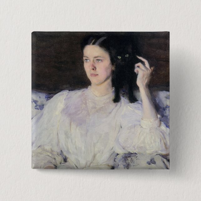 Bóton Quadrado 5.08cm Sita e Sarita, ou rapariga com um gato (Frente)