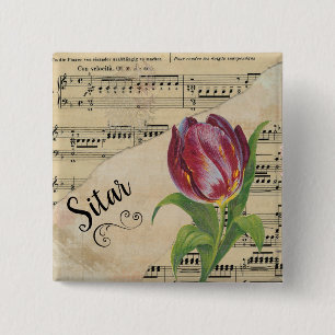 Bóton Quadrado 5.08cm Sitar Elegante Tulip Vintage Sheet Music