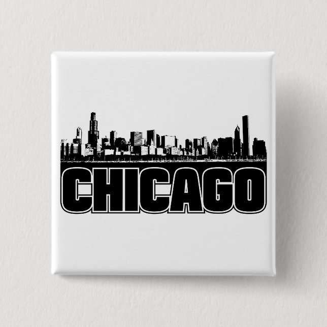Bóton Quadrado 5.08cm Skyline de Chicago (Frente)