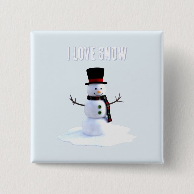 Bóton Quadrado 5.08cm Snowman with hat and scarf. I Love Snow (Frente)
