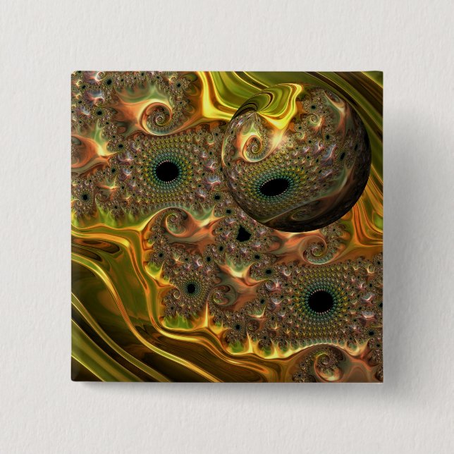 Bóton Quadrado 5.08cm Sonho Fractal Ouro Líquido (Frente)