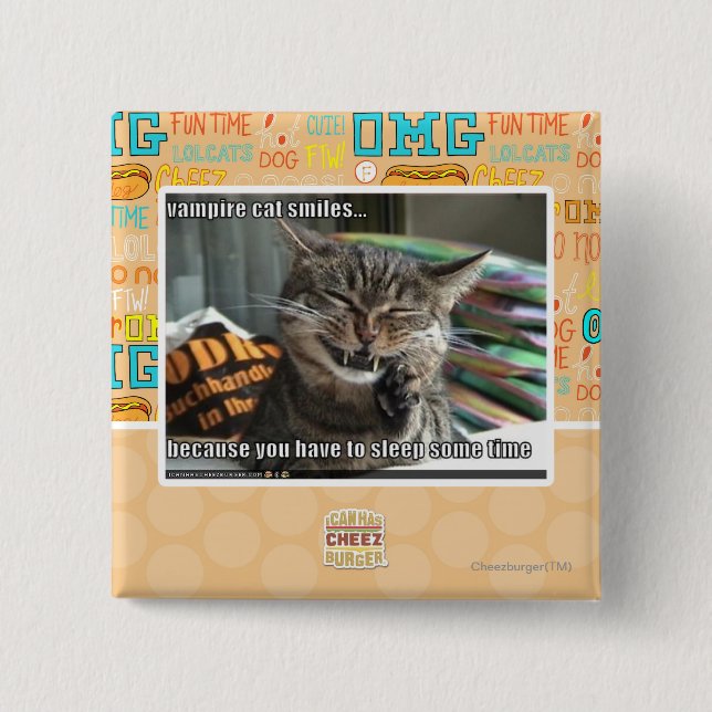 Bóton Quadrado 5.08cm sorrisos do gato do vampiro (Frente)