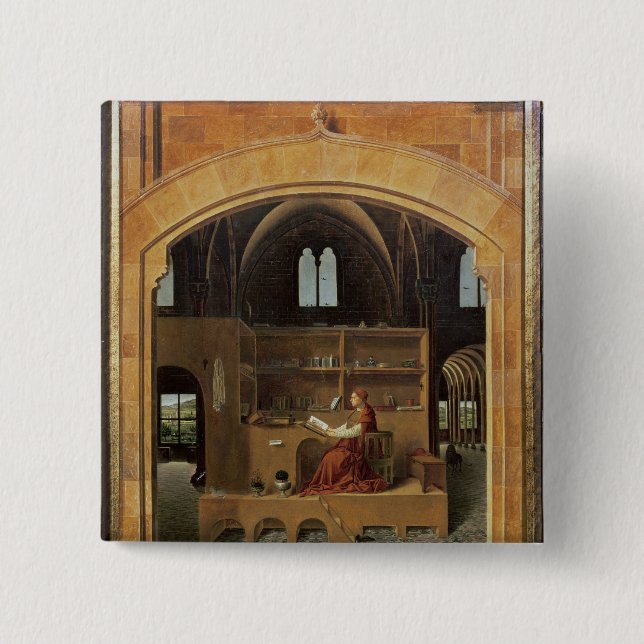 Bóton Quadrado 5.08cm St Jerome em seu estudo, c.1475 (Frente)