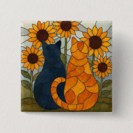 Bóton Quadrado 5.08cm Stained Glass Cats and Sunflowers Art Design