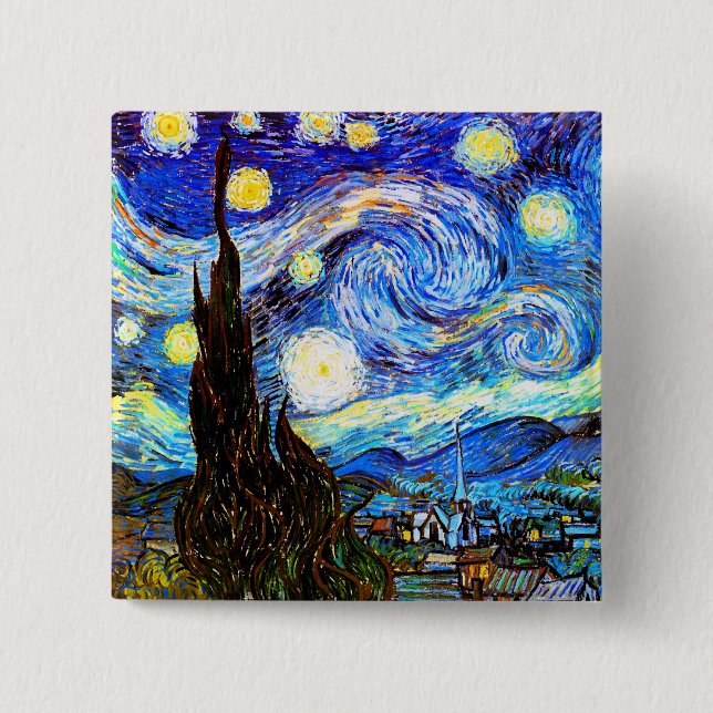 Bóton Quadrado 5.08cm Starry Night Van Gogh Fine Art (Frente)