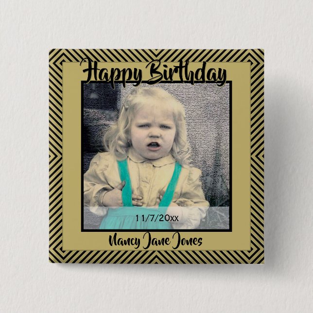 Bóton Quadrado 5.08cm Sua Foto: Linhas Diagonais Geométricas Preto e Dou (Frente)