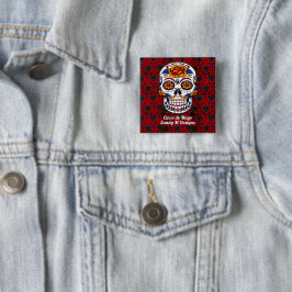 Bóton Quadrado 5.08cm Sugar Skull Cinco de Mayo Red Floral Nome Pinback