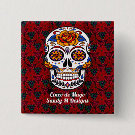 Bóton Quadrado 5.08cm Sugar Skull Cinco de Mayo Red Floral Nome Pinback