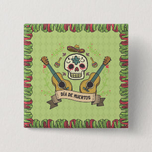 Bóton Quadrado 5.08cm Sugar Skull e Guitars Dia de Muertos   Botao