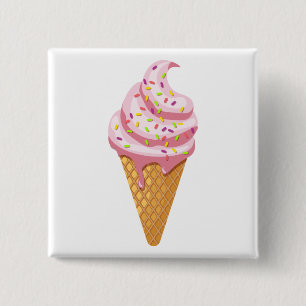 Bóton Quadrado 5.08cm Sundae de morango em cone de waffle com cobertura
