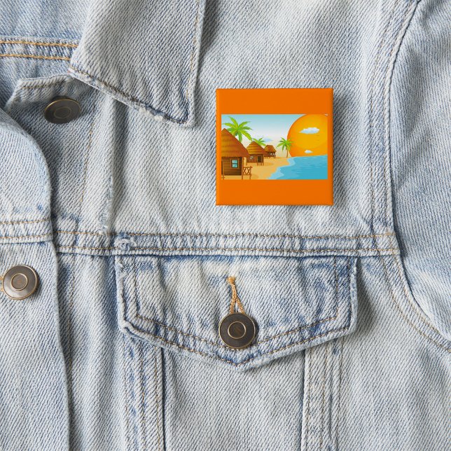 Bóton Quadrado 5.08cm Sunset de praia tropical com Thatch Huts (Criador carregado)