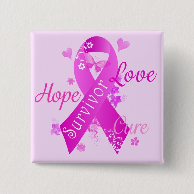Bóton Quadrado 5.08cm Survivor Love Hope Cure (Frente)