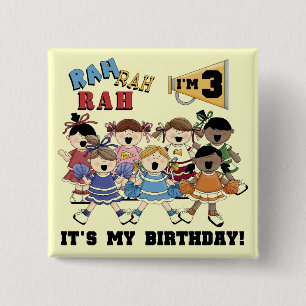 Bóton Quadrado 5.08cm T-shirts e cheerleader de aniversário de 3 anos