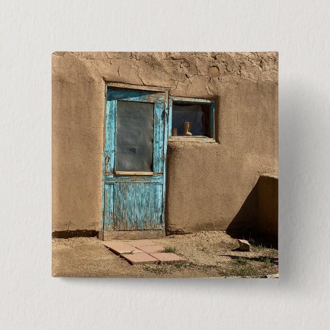 Bóton Quadrado 5.08cm Taos Pueblo Fotografia da Porta Turquesa (Frente)