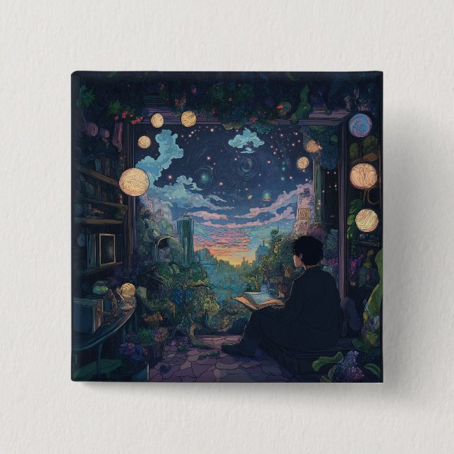 Bóton Quadrado 5.08cm teenager sitting on window Lofi style relaxed  (Frente)