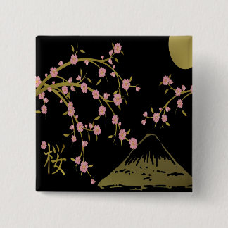 Bóton Quadrado 5.08cm Tela Dourada Black Japonesa Rosa Sakura