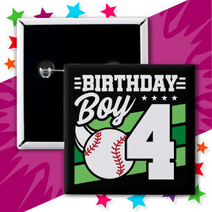 Bóton Quadrado 5.08cm Tema do 4º Aniversário do Festa de Beisebol com 4