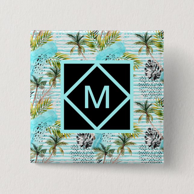 Bóton Quadrado 5.08cm Teste padrão abstrato da palmeira da aguarela (Frente)