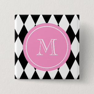 Bóton Quadrado 5.08cm Teste padrão branco preto do Harlequin, monograma