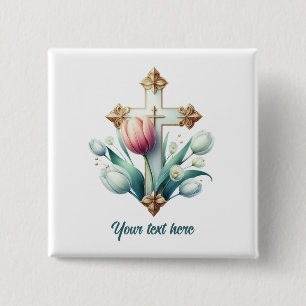 Bóton Quadrado 5.08cm Texto de adição da Cruz Religiosa