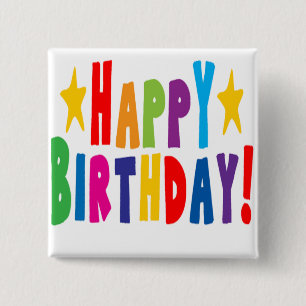 Bóton Quadrado 5.08cm Texto feliz de aniversário colorido