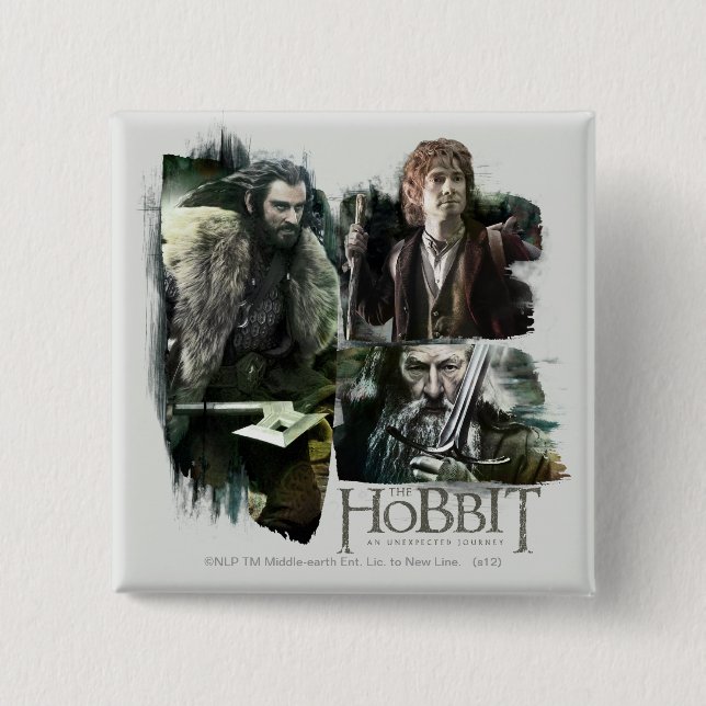 Bóton Quadrado 5.08cm THORIN OAKENSHIELD™, BILBO BAGGINS™ E Gandalf Art (Frente)