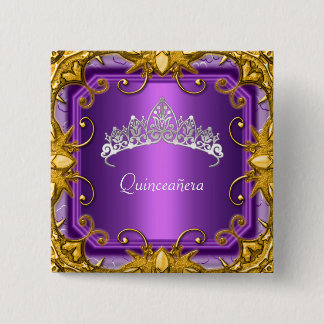 Bóton Quadrado 5.08cm Tiara Roxa de Aniversário de Quinceanera