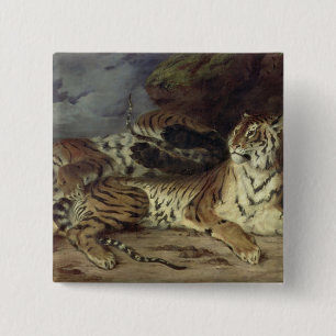Bóton Quadrado 5.08cm Tigre novo que joga com sua mãe, 1830 (óleo sobr