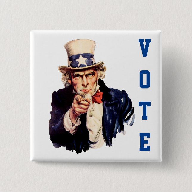 Bóton Quadrado 5.08cm Tio Sam Vote Democrático (Frente)