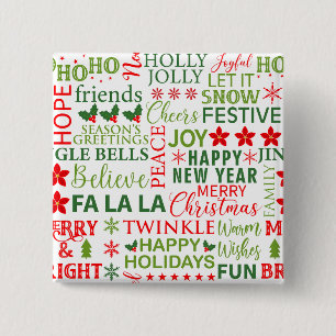 Bóton Quadrado 5.08cm Tipografia de Natal Vermelho & Verde Padrão Sem Co
