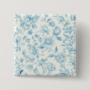 Bóton Quadrado 5.08cm Toile de jouy Chinoiseries Francesas Peônias Flora