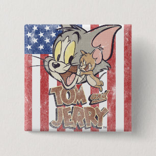 Bóton Quadrado 5.08cm Tom & Jerry com bandeira dos E.U.