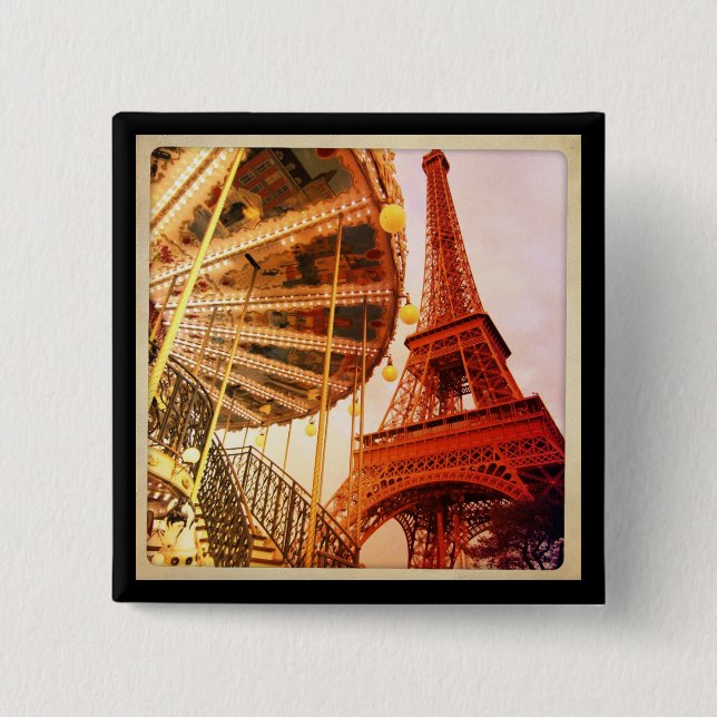 Bóton Quadrado 5.08cm Torre Eiffel e Carrousel (Frente)
