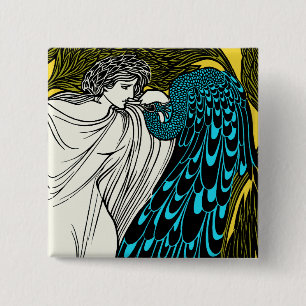 Bóton Quadrado 5.08cm Trabalhos de arte do pavão de Nouveau da arte - o