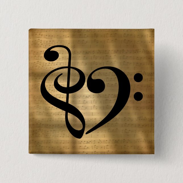 Bóton Quadrado 5.08cm Treble Clef Bass Clef Clef Heart Sheet Music (Frente)