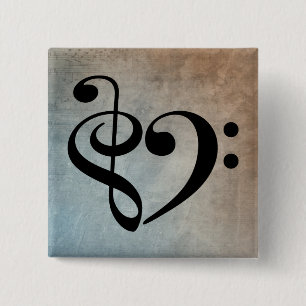 Bóton Quadrado 5.08cm Treble Clef Bass Clef Heart Vintage Sheet Music